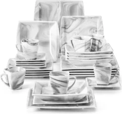 MALACASA, Serie Blance, Kombiservice 30 Tlg. Marmor Porzellan Geschirrset Eckig Tafelservice Mit 180 Ml Kaffeetassen, Untertassen, Dessertteller, Tiefteller Und Flachteller