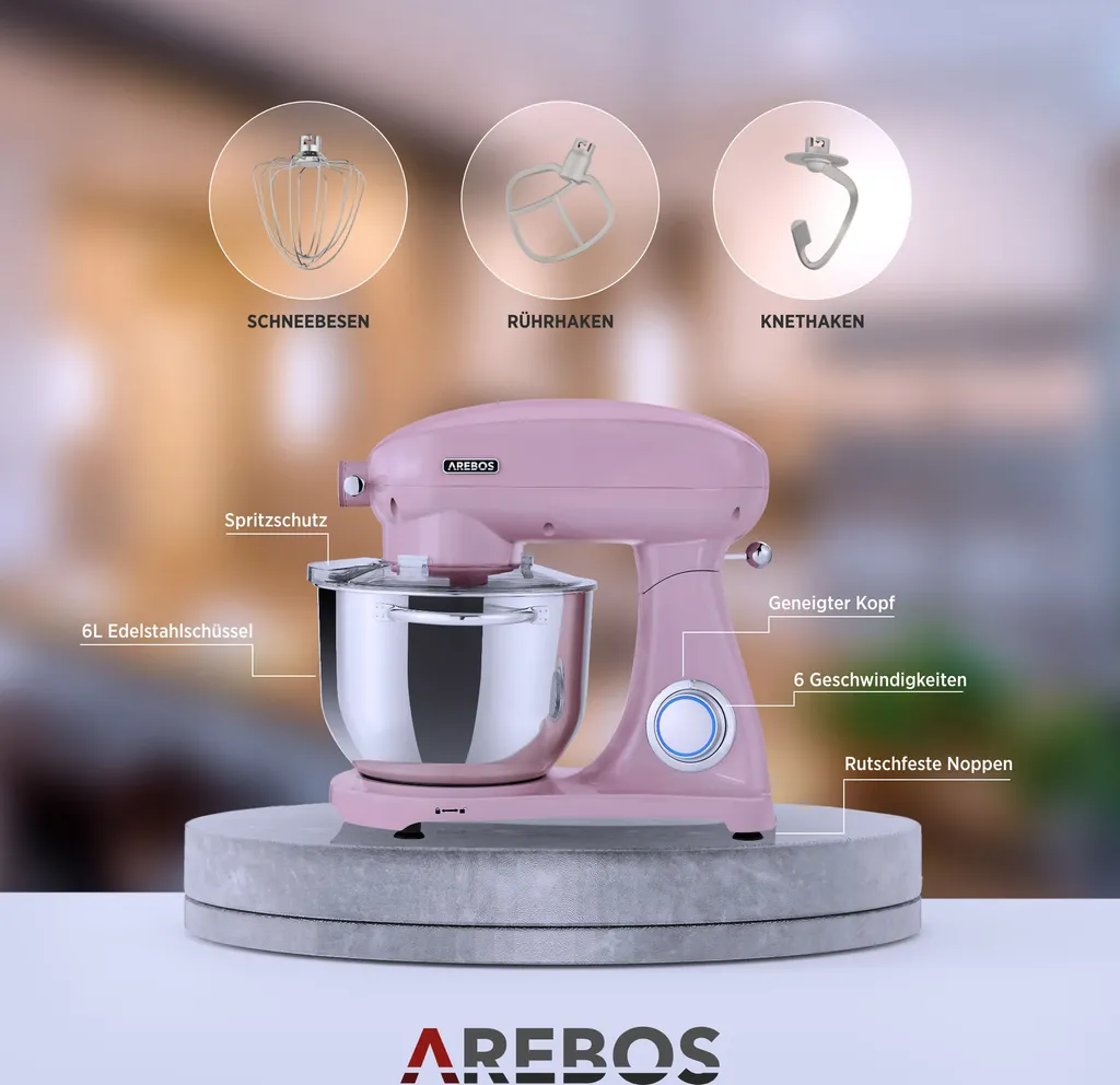 AREBOS Retro Küchenmaschine 1800W, Knetmaschine Mit 6L Edelstahl-Rührschüssel, Geräuscharm, 6 Geschwindigkeiten, Rosa – Bild 9