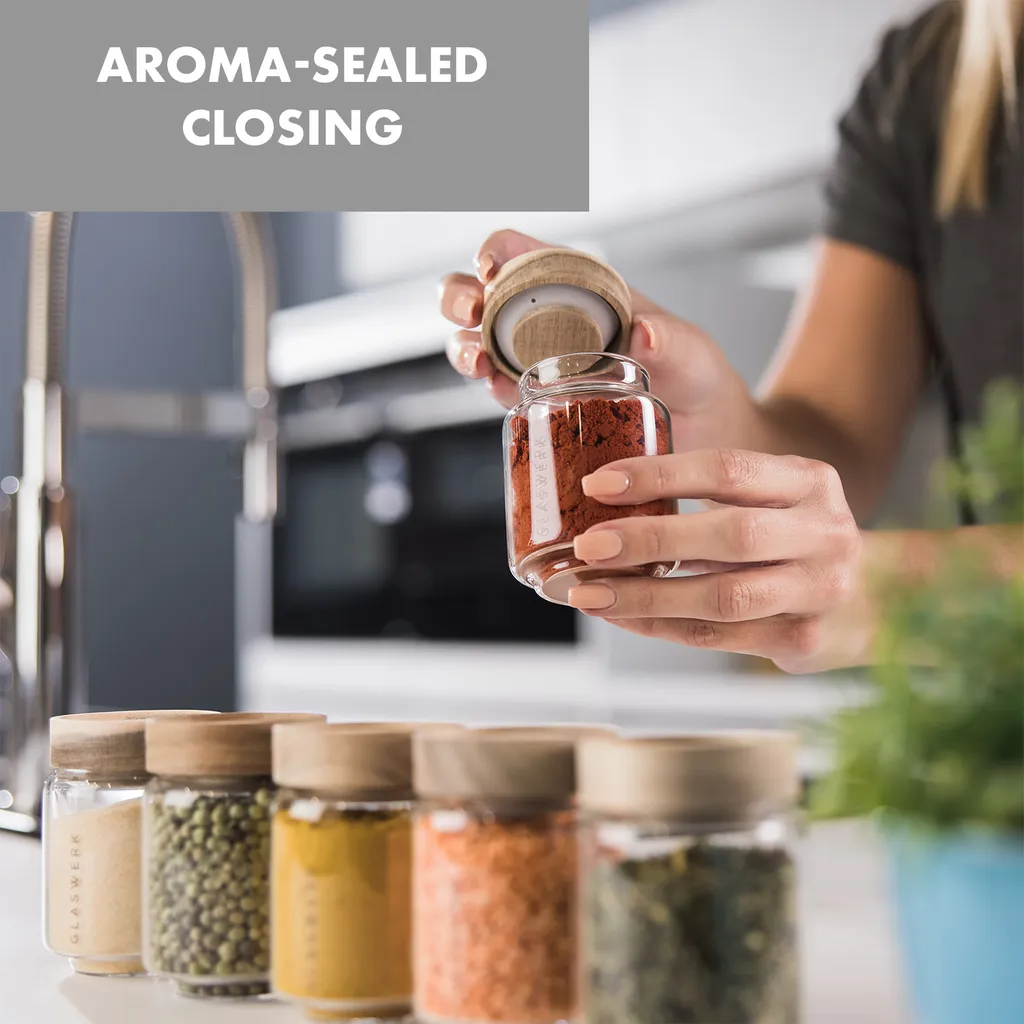Klarstein Glaswerk Cassia Gewürzgläser Vorratsgläser Gewürzgläserset , 6 X 130 Ml , Borosilikatglas , Deckel Aus Akazienholz , Stapelbares Design , Luftdichte Aufbewahrung – Bild 5