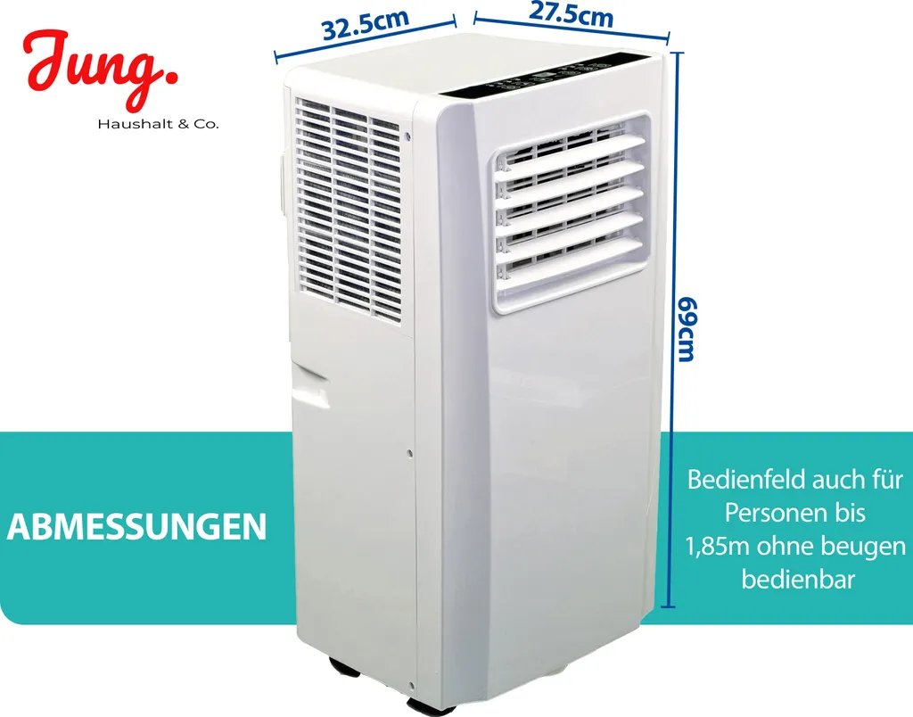 JUNG AIR TV05 Mobiles Klimagerät Mit Fernbedienung + Abluft-Schlauch - 3,2 KW/11000 BTU - STROMSPAREND, GERÄUSCHARM -100m³ Raum Kühlung, Klimaanlage Mobil Leise, Weiß – Bild 4