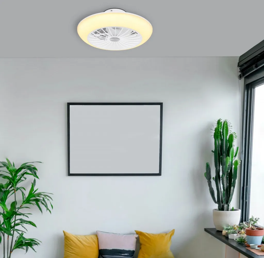 Globo Lighting Deckenventilator Metall Weiß, Matt, Kunststoff Opal, Kunststoff Weiß, Mehrere Stufen über Wandschalter, Memoryfunktion, Weitere Funktionen: NEW, 3 Stufen: Licht/Ventilator/beides, Max. Motorleistung 5W, Optimale Raumnutzung 7m², Abkühlung, Geschwindigkeitsstufen 1500 RPM, ø: 300mm, H: 120mm, Inkl. LED 18W 230V, 2100lm Source, 1400lm Output, 3000K – Bild 4