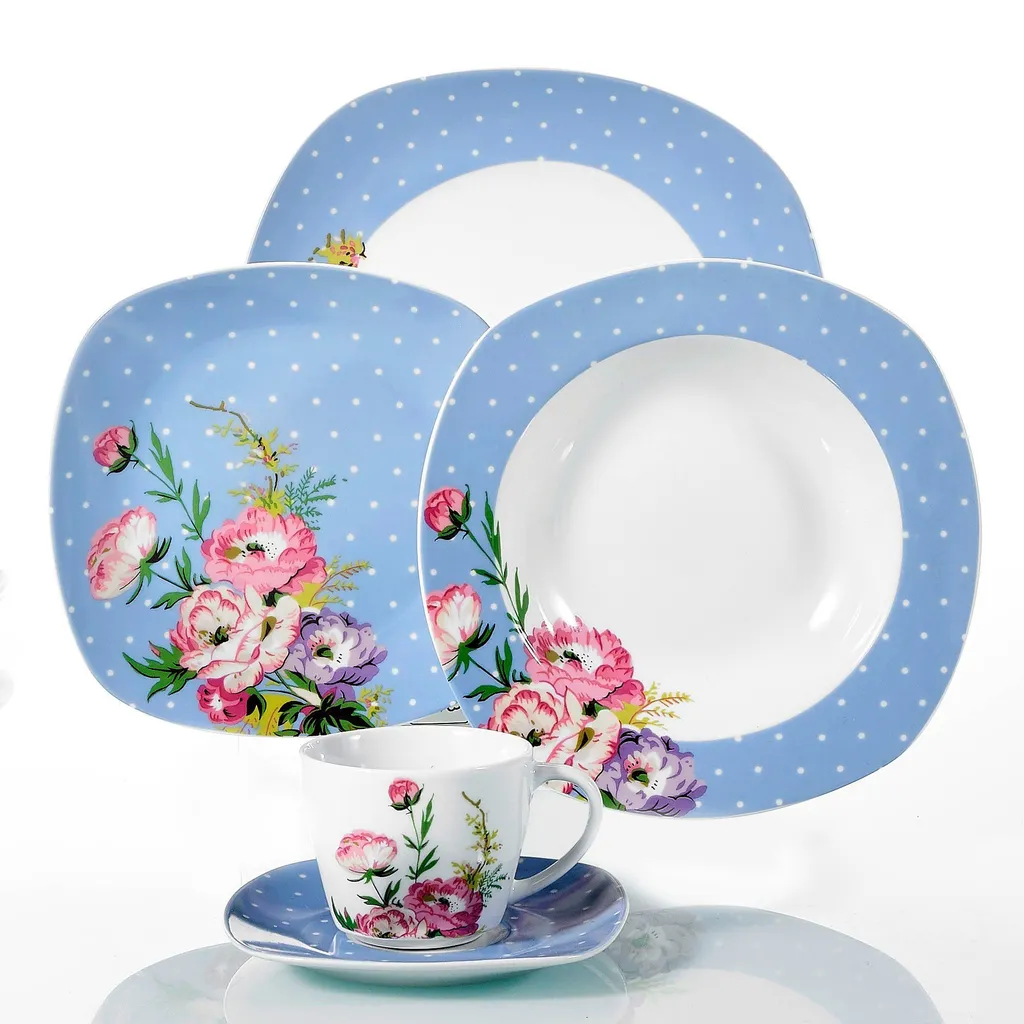 VEWEET 30-teilig Porzellan Tafelservice, Serie 'Hannah', Kombiservice Für 6 Personen, Blau Mit Floral Dekoration – Bild 2