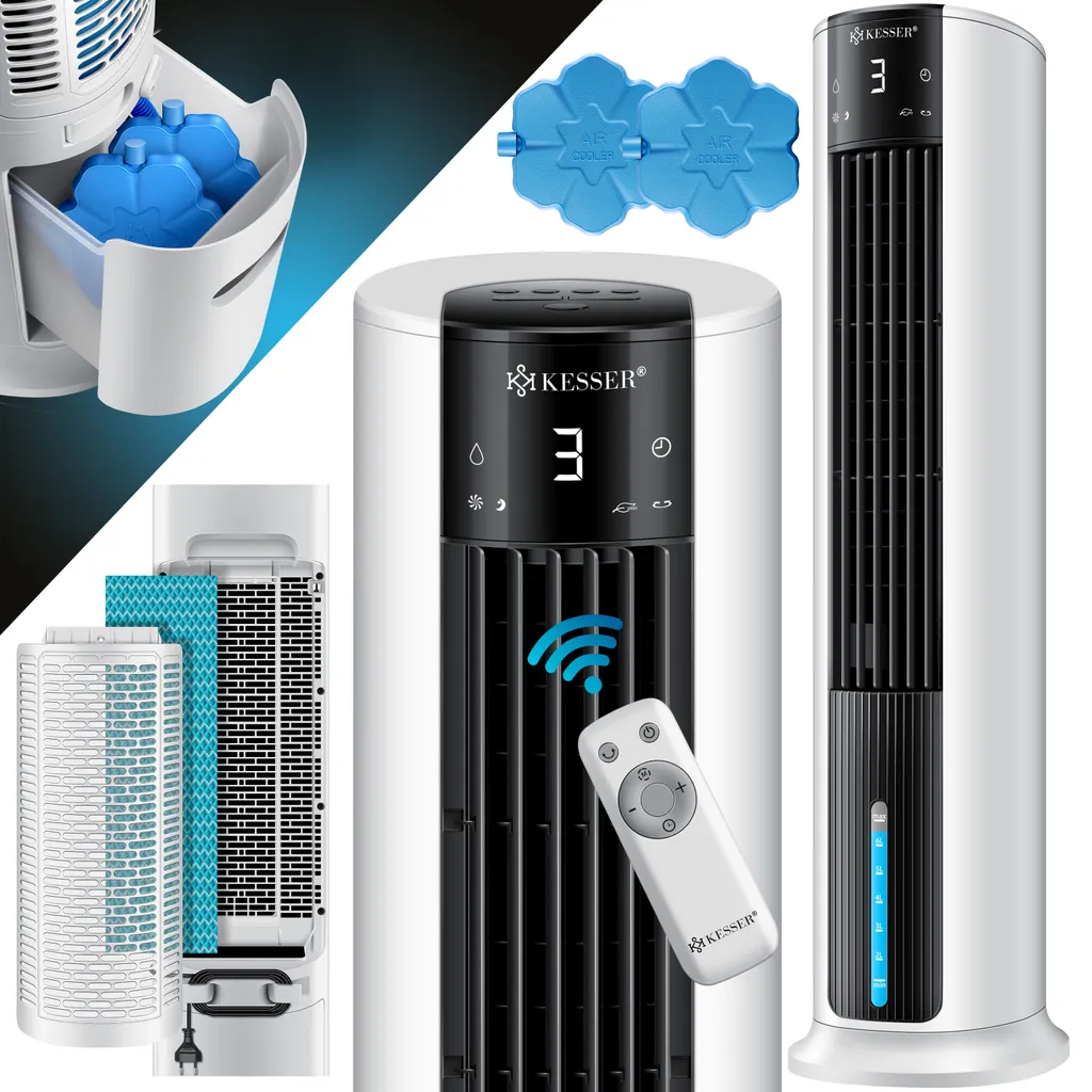 KESSER® 4in1 Mobile Klimaanlage Tower Klimagerät Ventilator/Luftkühler/Luftbefeuchter/Ionisator, Mit Fernbedienung , Timer , Wassertank, 60W, Klima , 2 Kühlakkus Turmventilator, Farbe:Weiß / Schwarz – Bild 2