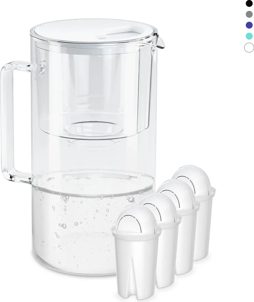 Glas Wasserfilter Wessper 2,5 L Mit 4 Filterkartuschen, Kompatibel Mit Brita Classic -weiß