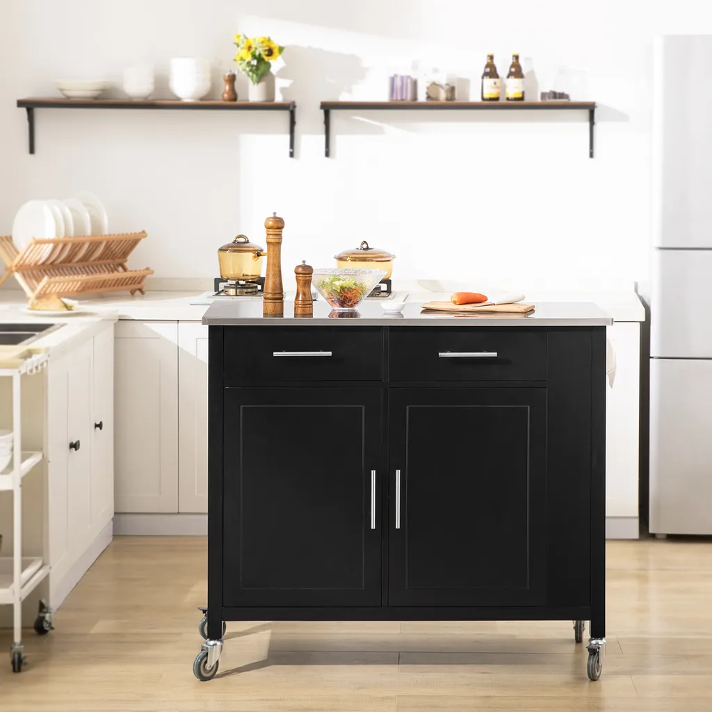 SoBuy FKW108-SCH Design Küchenwagen Mit Edelstahlplatte Kücheninsel Küchenschrank Rollwagen Sideboard Servierwagen Schwarz BHT Ca.: 107x94x46cm – Bild 2