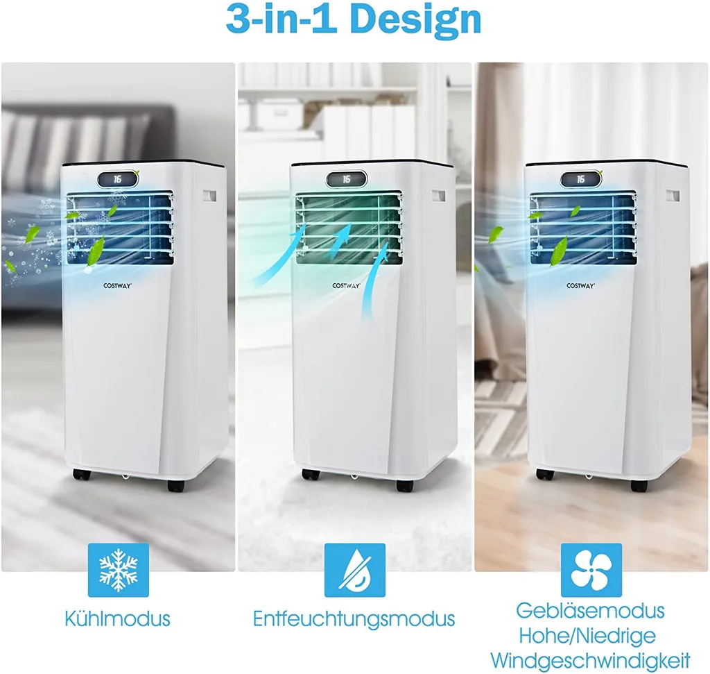 COSTWAY 4in1 Mobile Klimaanlage 9000BTU/2,6 KW Für 30㎡ Klimagerät 54dB Entfeuchter Tragbar 2 Geschwindigkeiten Inkl. 24H Timer, Fernbedienung, Schlafmodus, Abluftschlauch 16℃-32℃ Weiß – Bild 2