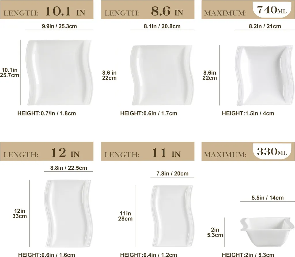 MALACASA, Serie Flora, 26 Tlg. Cremeweiß Porzellan Geschirrset Kombiservice Tafelservice Mit 6 Schalen, 6 Dessertteller, 6 Suppenteller, 6 Speiseteller Und 2 Rechteckigen Platten – Bild 2