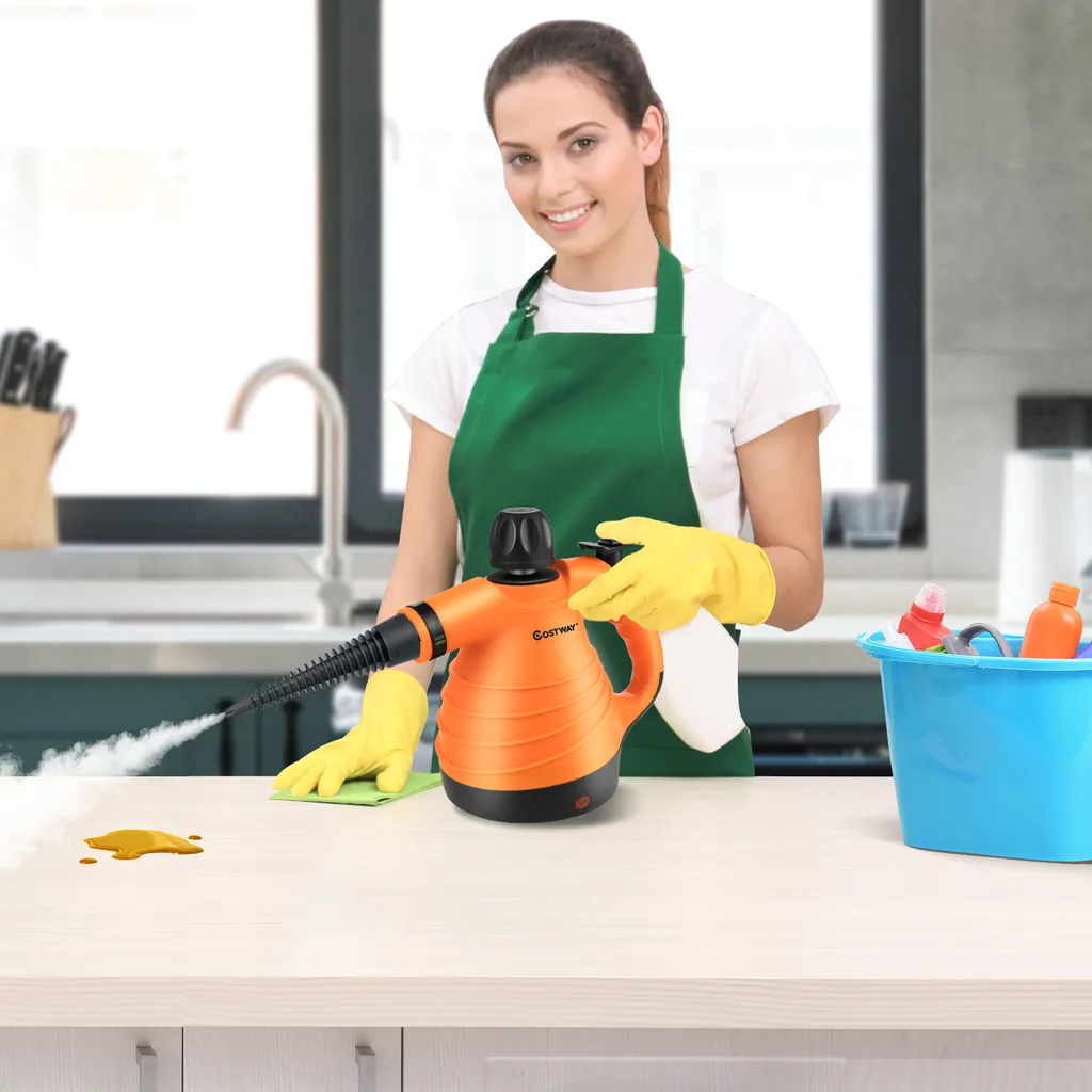 COSTWAY Dampfreiniger Inkl. 9 Zubehör, Handdampfreiniger, Dampfreinigen Handgerät 3 Bar / 250ml / 1050W / 4min Aufheizzeit/für Teppiche, Vorhänge, Autositze, Küche (Orange) – Bild 2