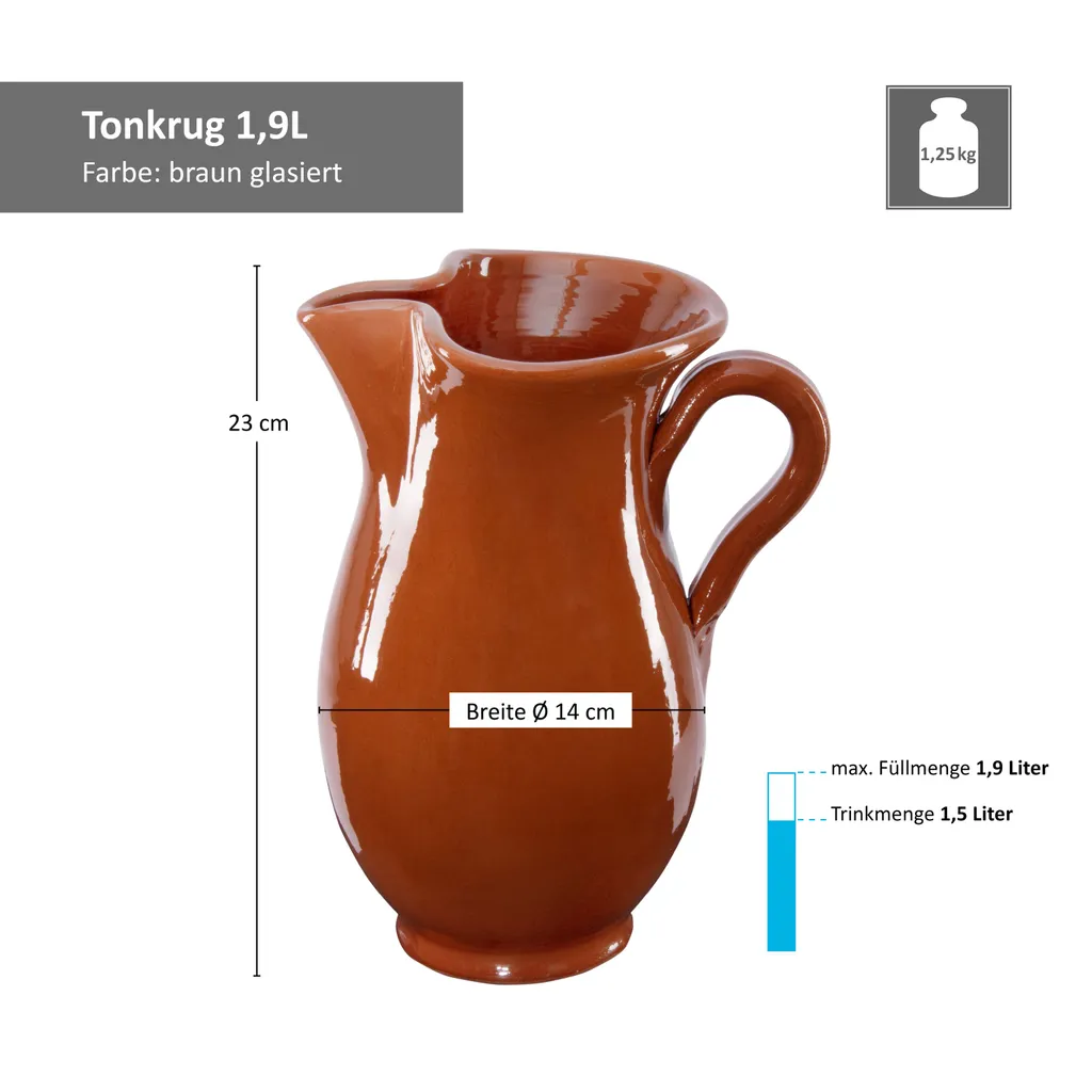 7tlg.-Set: Tonkrug 1.9L + 6 Tonbecher 175ml Ton-Geschirr Rotbraun Glasiert Servier-Kanne Tassen – Bild 2