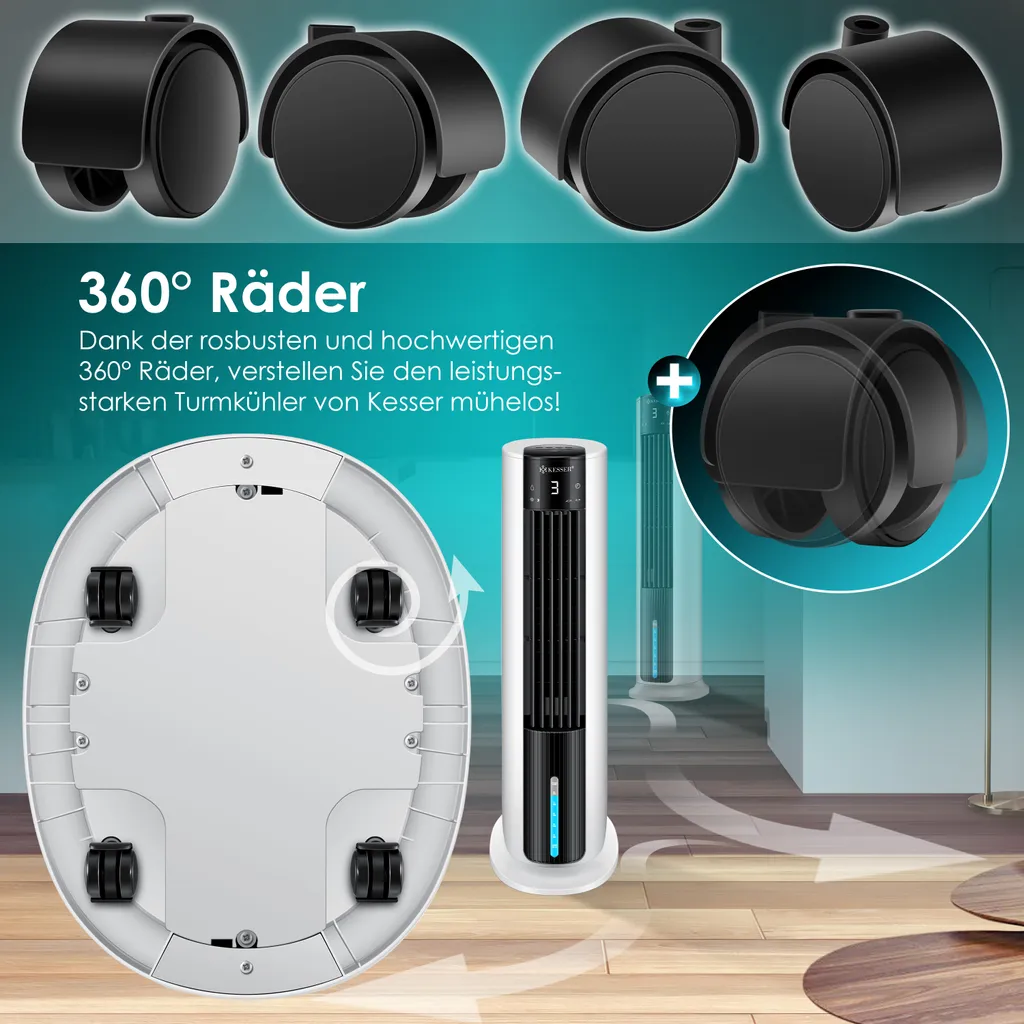 KESSER® 4in1 Mobile Klimaanlage Tower Klimagerät Ventilator/Luftkühler/Luftbefeuchter/Ionisator, Mit Fernbedienung , Timer , Wassertank, 60W, Klima , 2 Kühlakkus Turmventilator, Farbe:Weiß / Schwarz – Bild 11