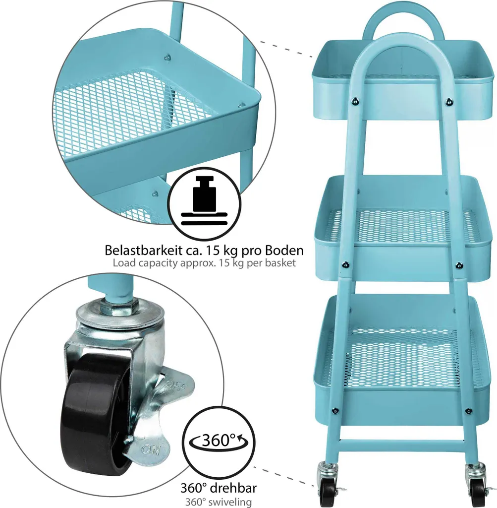 ONVAYA® Servierwagen Silvio | Beistellwagen | Blau | 30,5 X 45 X 77 Cm | 3 Fächer | Multifunktionswagen | Transportwagen | Allzweckwagen | Küchentrolley | Nischenregal – Bild 2