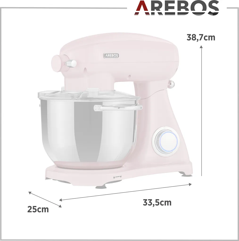 AREBOS Retro Küchenmaschine 1800W, Knetmaschine Mit 6L Edelstahl-Rührschüssel, Geräuscharm, 6 Geschwindigkeiten, Rosa – Bild 11