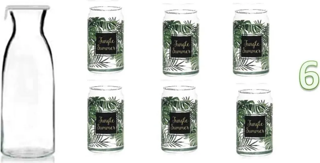 James Premium Karaffe Mit Deckel + Glas 450ml 6er Longdrinkgläser Set Spülmaschinenfest Mikrowellengeeignet Jungle-Motiv