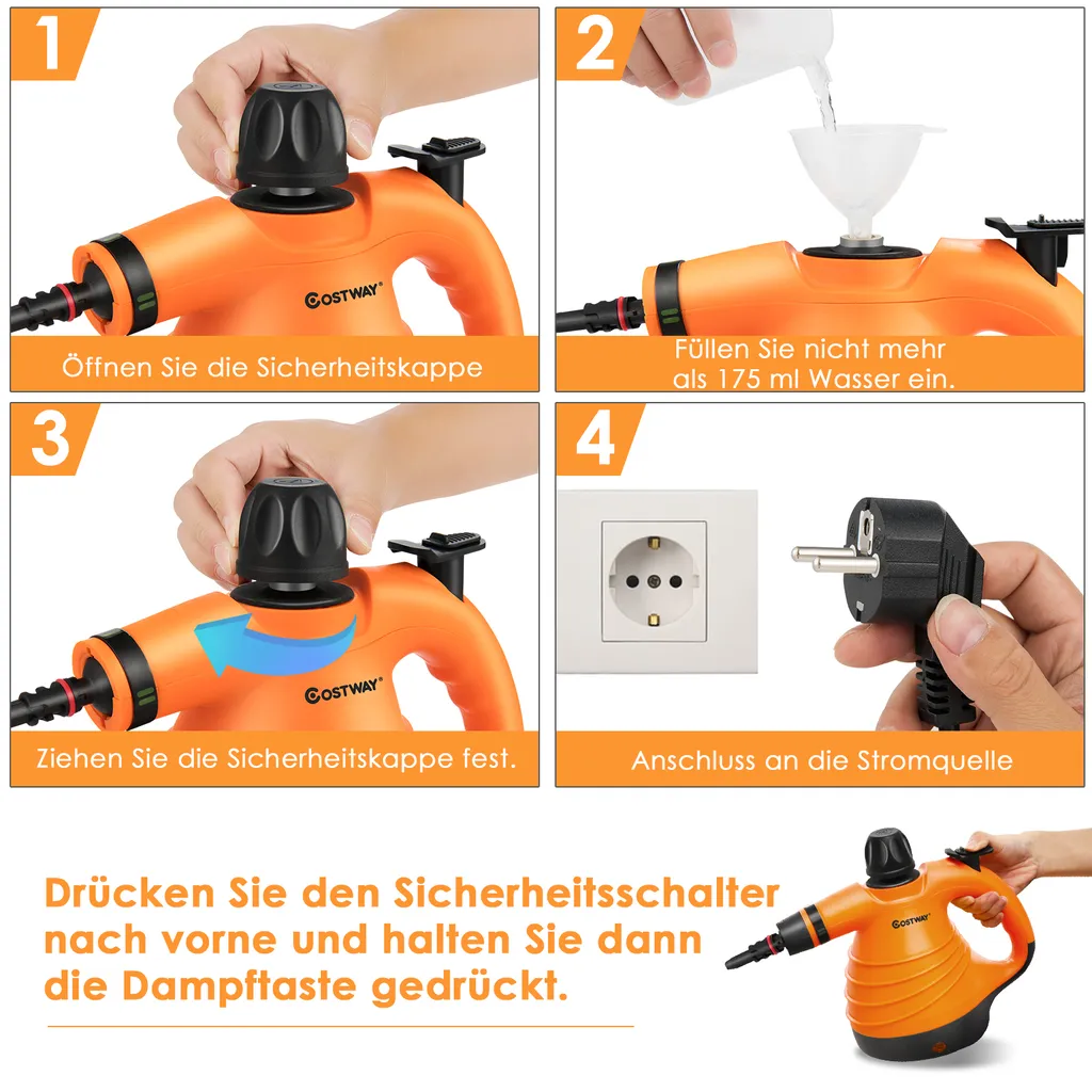 COSTWAY Dampfreiniger Inkl. 9 Zubehör, Handdampfreiniger, Dampfreinigen Handgerät 3 Bar / 250ml / 1050W / 4min Aufheizzeit/für Teppiche, Vorhänge, Autositze, Küche (Orange) – Bild 4