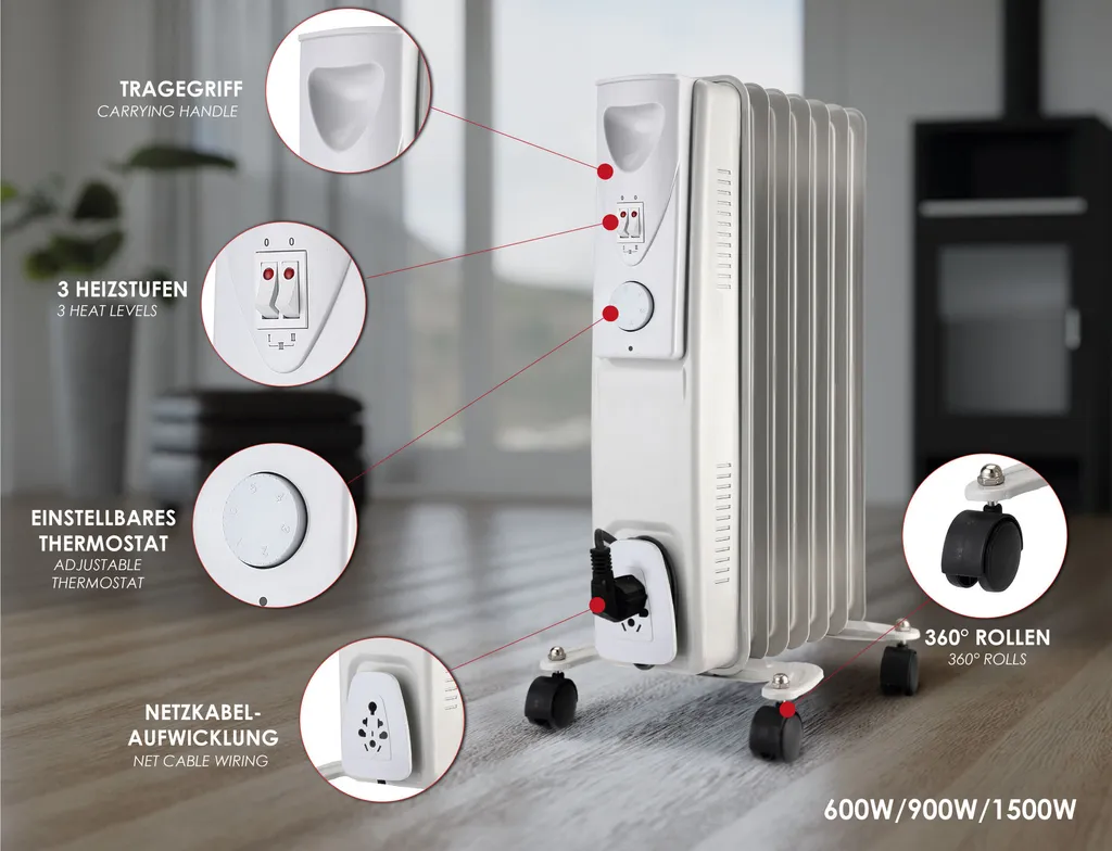 Ölradiator Elektro Heizung 1500W - 6 Rippen - Lamellen Heizkörper Radiator Öl Heizer Elektrisch – Bild 2