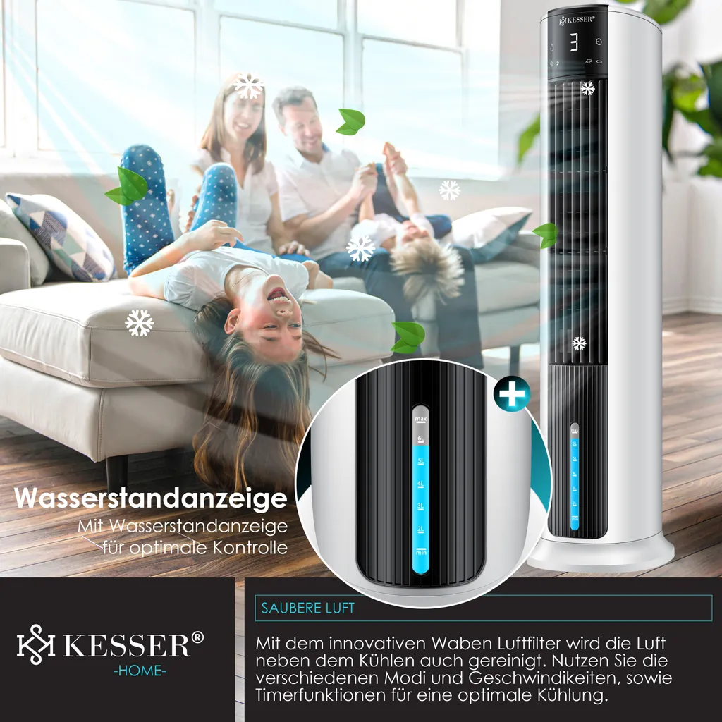 KESSER® 4in1 Mobile Klimaanlage Tower Klimagerät Ventilator/Luftkühler/Luftbefeuchter/Ionisator, Mit Fernbedienung , Timer , Wassertank, 60W, Klima , 2 Kühlakkus Turmventilator, Farbe:Weiß / Schwarz – Bild 4