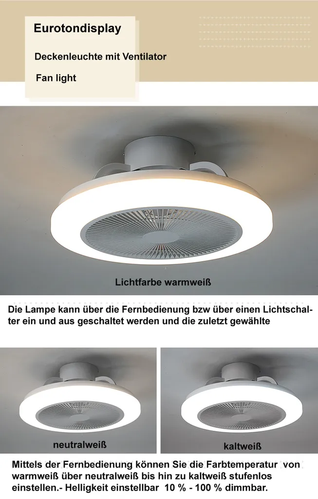 Eurotondisplay Deckenventilator Mit LED Beleuchtung D3301 Deckenlampe Ø 50cm 96W Mit Fernbedienung Lichtfarbe/Helligkeit Einstellbar Dimmbar LED Deckenleuchte Fan Light Ceiling – Bild 2