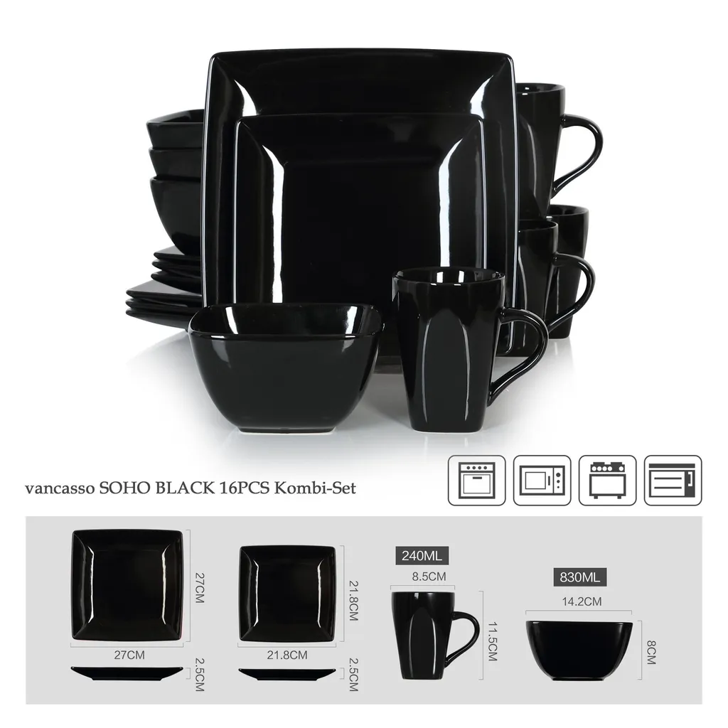 Vancasso Tafelservice »SOHO« 16-tlg. Porzellan Teller Set, Kombiservice Tafelset Mit Kaffeetassen, Müslischalen, Schwarz – Bild 2