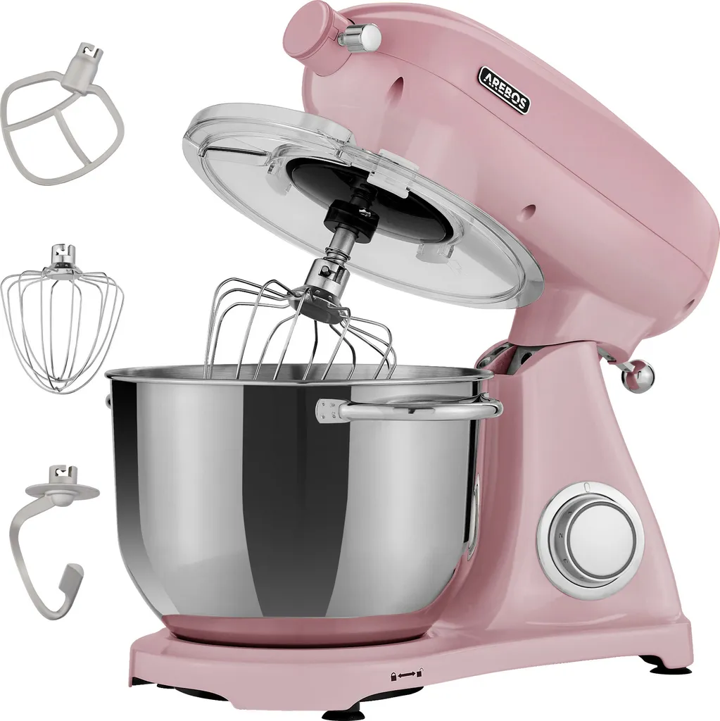 AREBOS Retro Küchenmaschine 1800W, Knetmaschine Mit 6L Edelstahl-Rührschüssel, Geräuscharm, 6 Geschwindigkeiten, Rosa