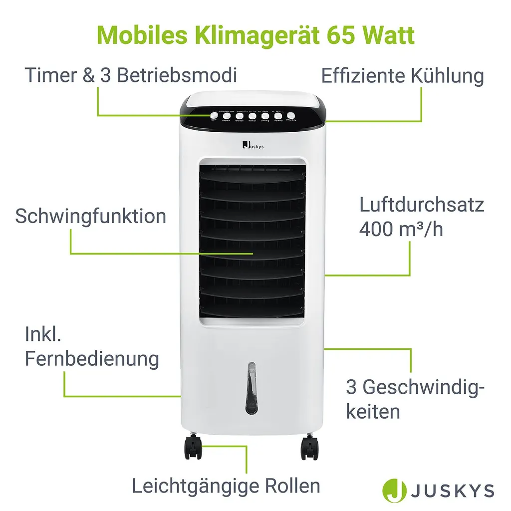 Juskys Mobile Klimaanlage Mit Fernbedienung, Schwingfunktion & Timer – Klimagerät 65 Watt 76 Cm – Luftkühler 3 Geschwindigkeiten – Weiß – Bild 3
