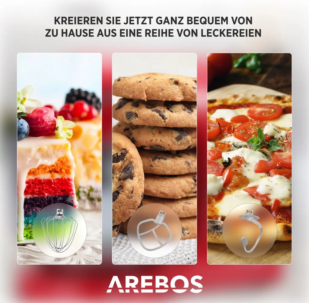 AREBOS Retro Küchenmaschine 1800W, Knetmaschine Mit 6L Edelstahl-Rührschüssel, Geräuscharm, 6 Geschwindigkeiten, Rosa – Bild 7