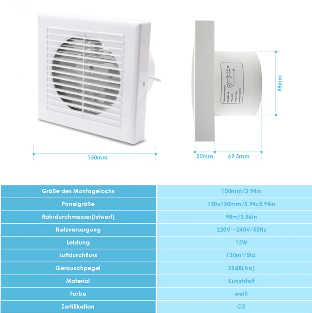 EINFEBEN Badlüfter Einbauventilatoren Küche Wandlüfter Abluftventilatoren Absaugventilatoren Mit Rückflussleitblech 100mm – Bild 2
