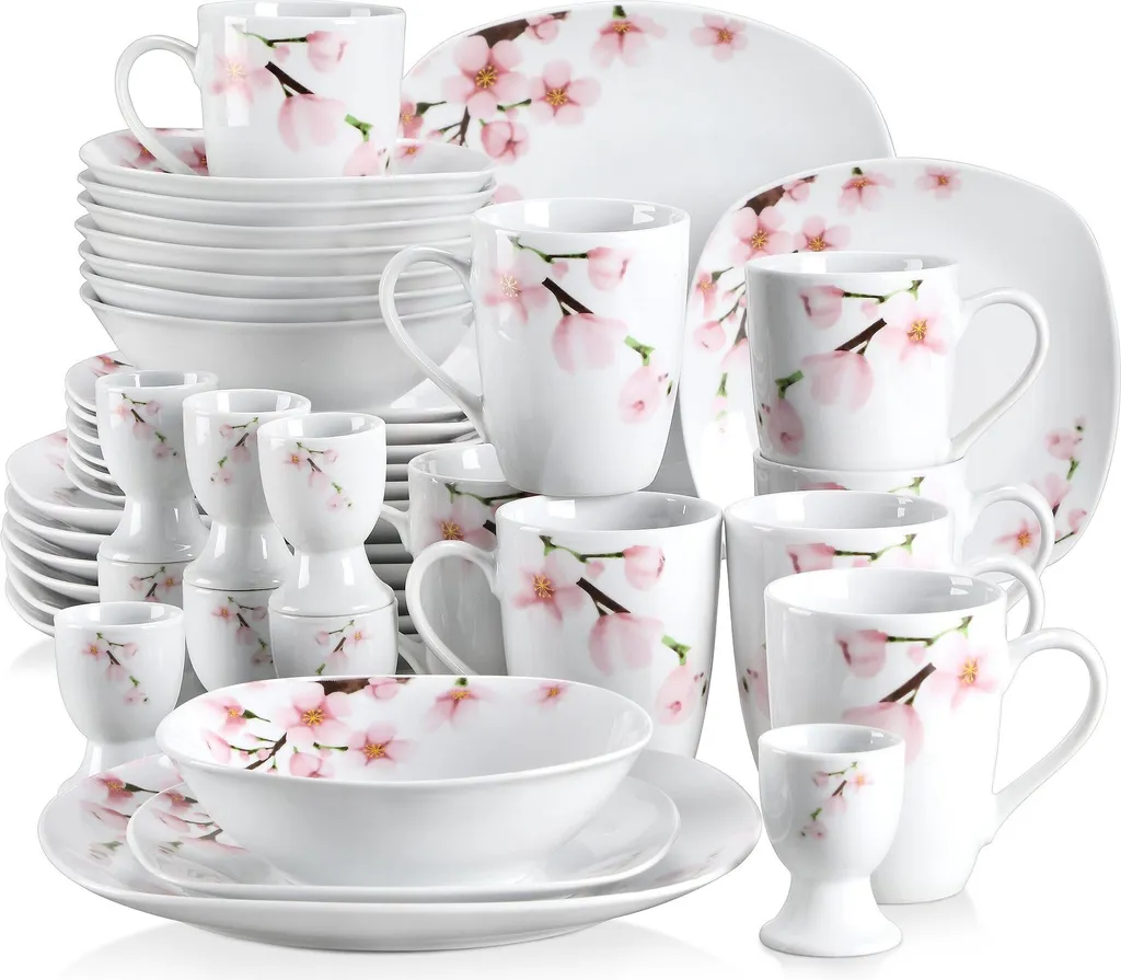 VEWEET Porzellan Kombiservice 'Annie', 40 Teilig Geschirrservice Für 8 Personen, Frühstückservice Mit Je 8 Eierbecher, Kaffeebecher 350 Ml, Müslischalen, Dessertteller Und Flachteller