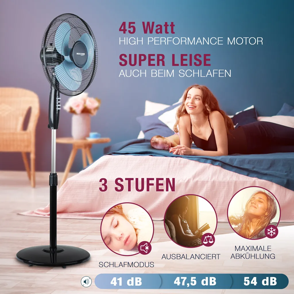 RelaxxNow Super Leiser Standventilator Mit 45W Motoren Leistung, Oszillierender Ventilator Mit 3 Geschwindigkeitsstufen Und Höhenverstellbarkeit Bis 131cm, 41 DB Schlafmodus & 41cm Durchmesser, VTX100 – Bild 7