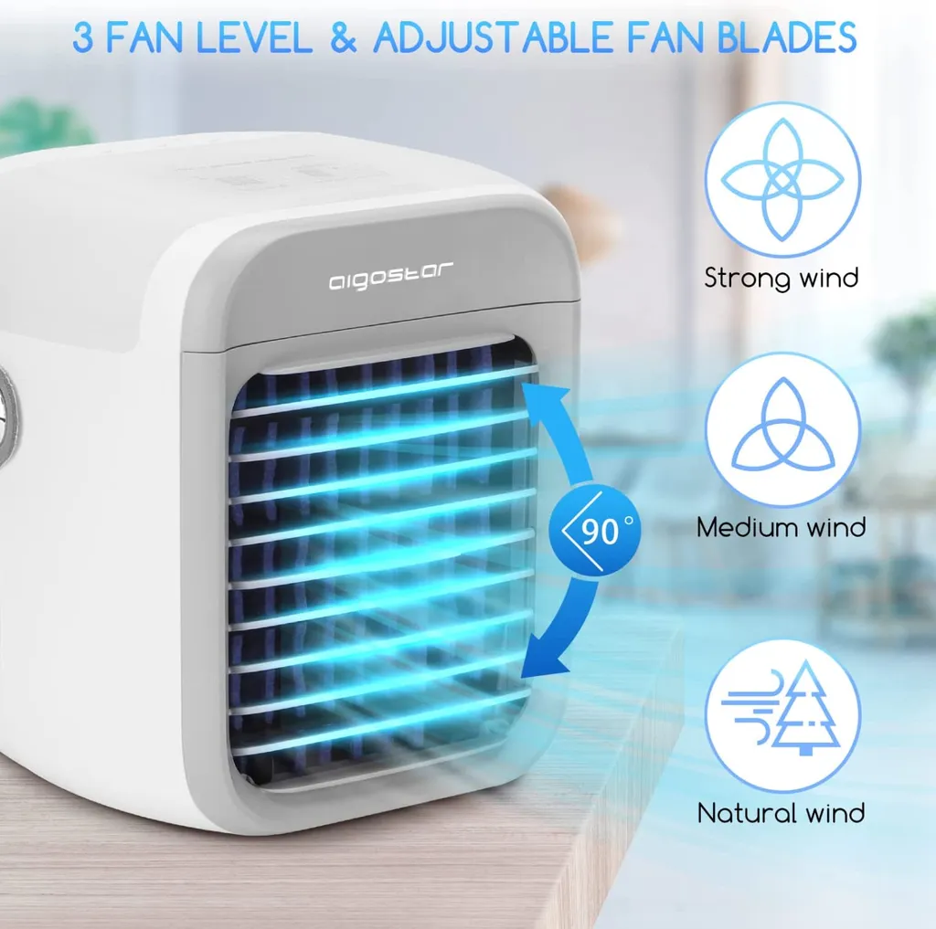 Aigostar Ice Cube - Luftkühler, Luftkühler Mini Klimaanlage Mit 300 ML Wassertank, Mini Klimagerät Mit 3 Stufen & 7 Stimmungslichtern- Mobiles Klimagerät Für Schlafzimmer, Baby, Büro,im Freien – Bild 5