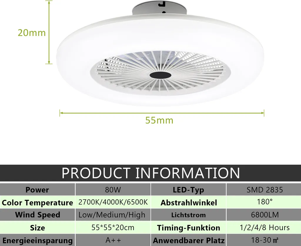 EINFEBEN Deckenventilator Mit Beleuchtung 80W Dimmbar Fan Licht Einstellbare Windgeschwindigkeit Deckenventilatoren Lampe Luefter-Deckenleuchte Mit Fernbedienung – Bild 2