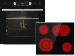 Gorenje Black Set 4 PYROLYSE Einbauherd - Set Mit Glaskeramik-Kochfeld Mit Edelstahlrahmen - 77L XXL Volumen - GentleClose - AirFry - PizzaMode - ChildLock - PerfectGrill - Teleskopauszüge - Schwarz