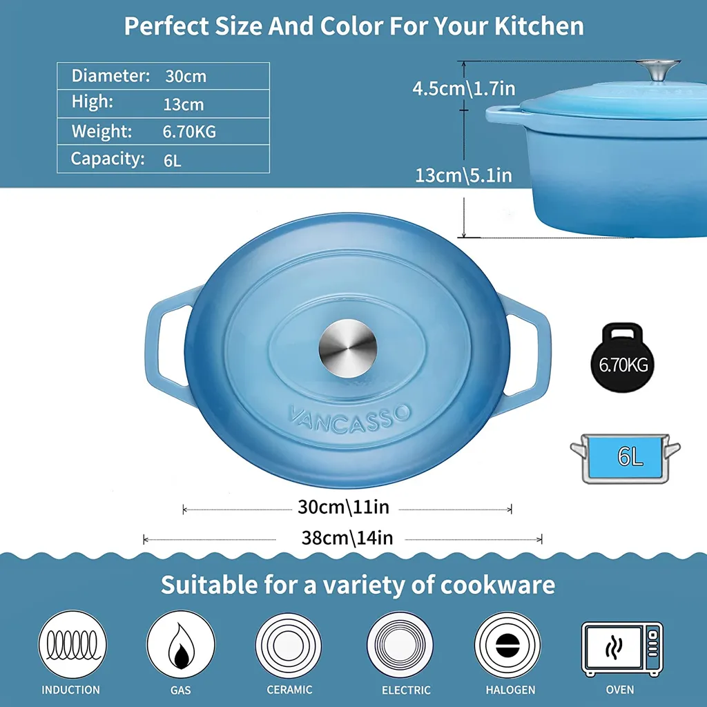 Vancasso Gusseisen Topf, Bräter Mit Deckel, Bratpfanne 6L Ø 30cm Emaillie Schmortopf, 13cm Niedrige Höhe Kasserolle Für Alle Herdarten Und Induktion – Bild 2