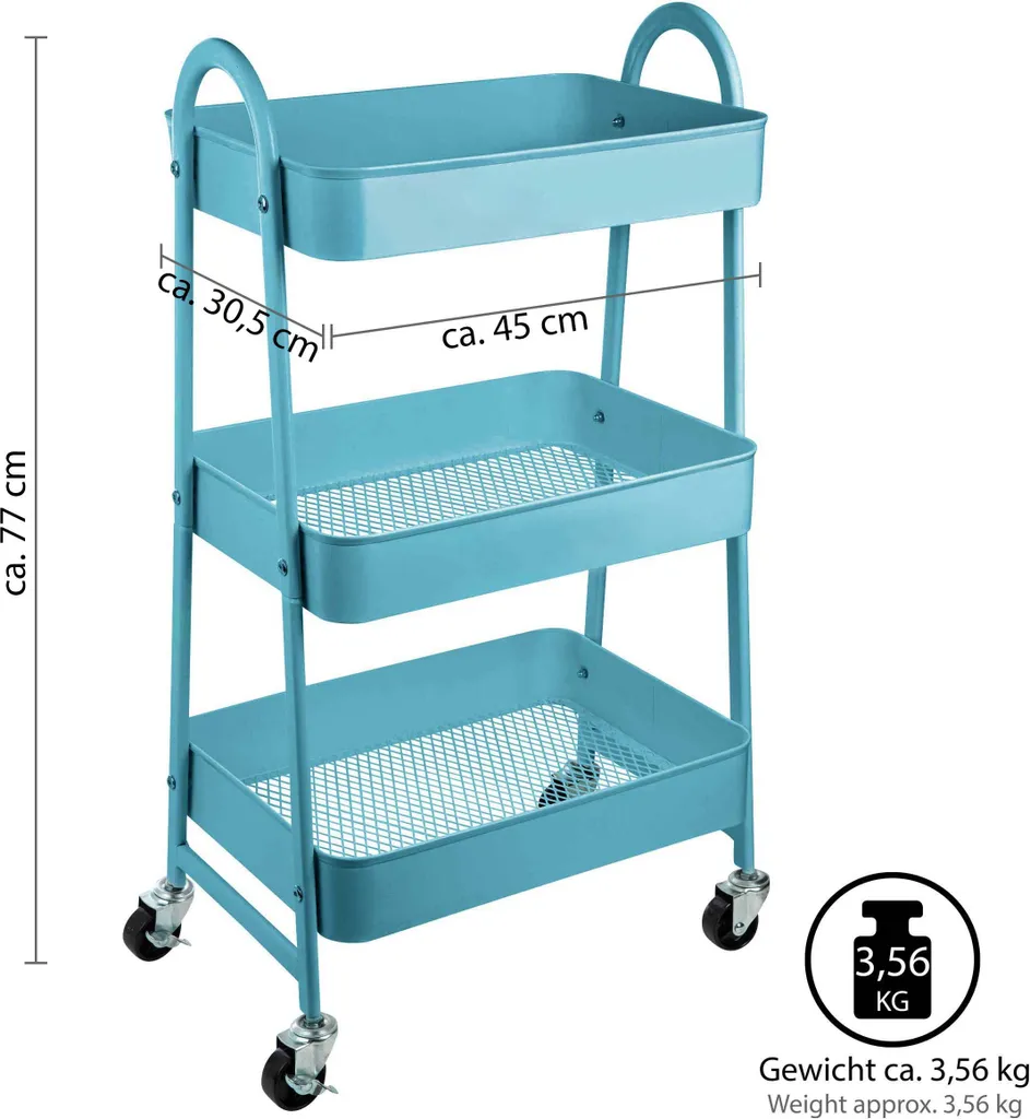 ONVAYA® Servierwagen Silvio | Beistellwagen | Blau | 30,5 X 45 X 77 Cm | 3 Fächer | Multifunktionswagen | Transportwagen | Allzweckwagen | Küchentrolley | Nischenregal – Bild 4