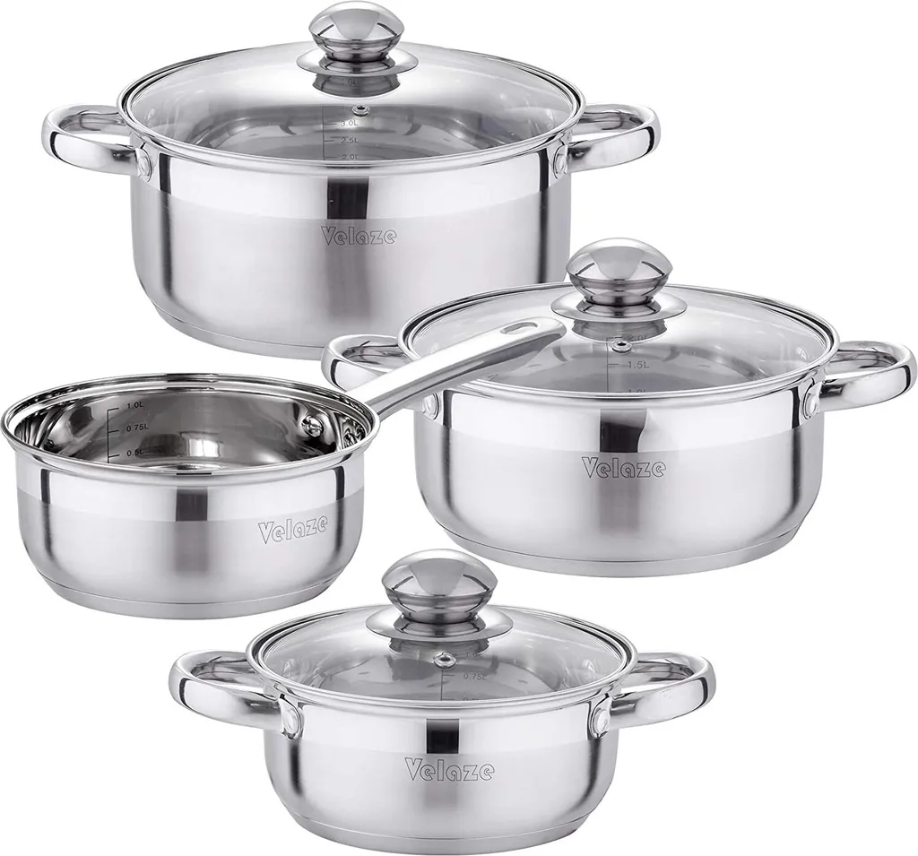 Velaze Töpfe Set, 7-teilig Kochtopf Set Aus Edelstahl, Topf Set Mit Glasdeckeln, PFOA Frei, Klassisches Design, Topfset Induktion Für Alle Herdarten Und Für Verschiedene Kochbedürfnisse