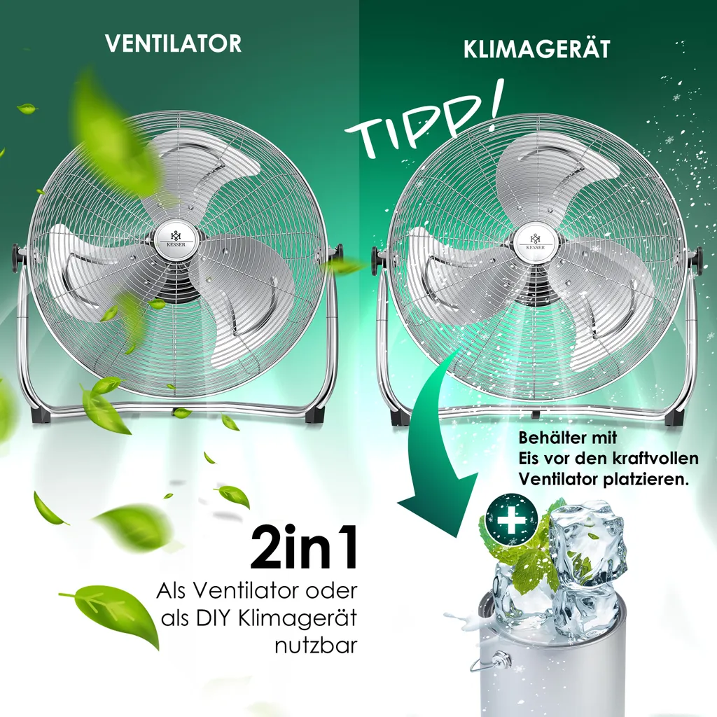 KESSER® Windmaschine Retro Stil | Ventilator In Chrom | Standventilator | Tischventilator Bodenventilator | 3-Stufen | Robuster Stand | Stufenlos Neigbarer Ventilatorkopf | Chrom Silber, Größe:Ø 30cm – Bild 11