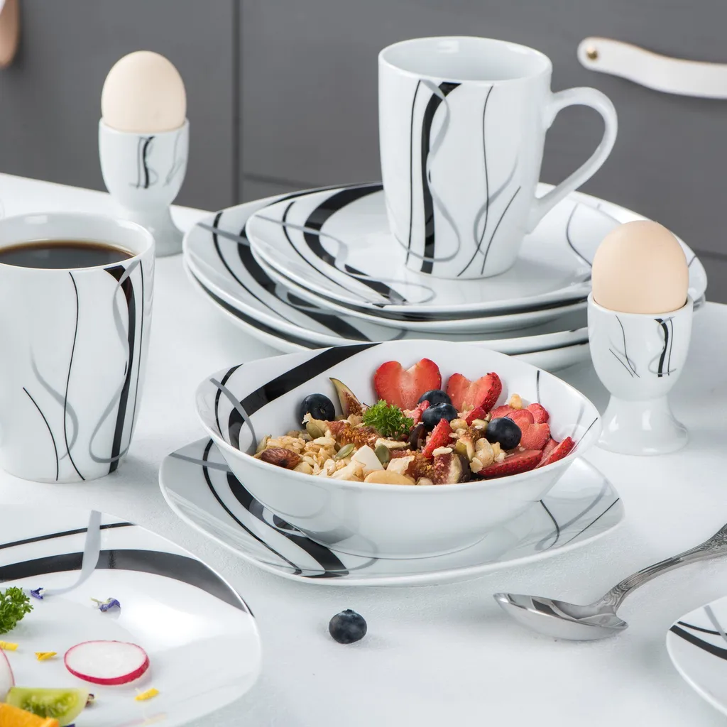 VEWEET, Serie 'Fiona', 100-teilig Porzellan Tafelservice Set, Kombiservice Mit Dessertteller, Speiseteller, Suppenteller, Müslischalen, Kaffeebecher, Kaffeetassen Set, Eierbecher, Milch- Und Zuckerset – Bild 8