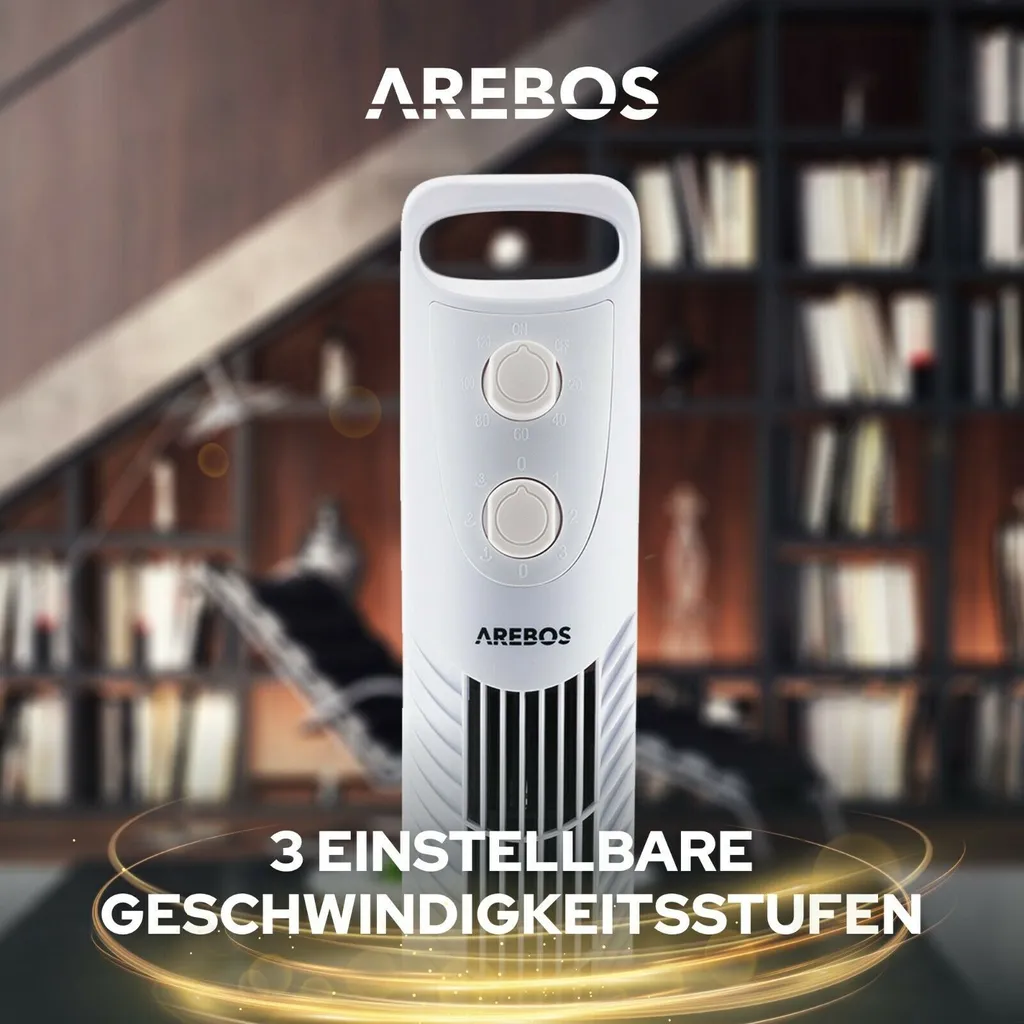 AREBOS Turmventilator Mit Timer, 40 Watt, 75°-Oszillation, Ventilator Mit 3 Geschwindigkeitsstufen, , Weiß – Bild 3