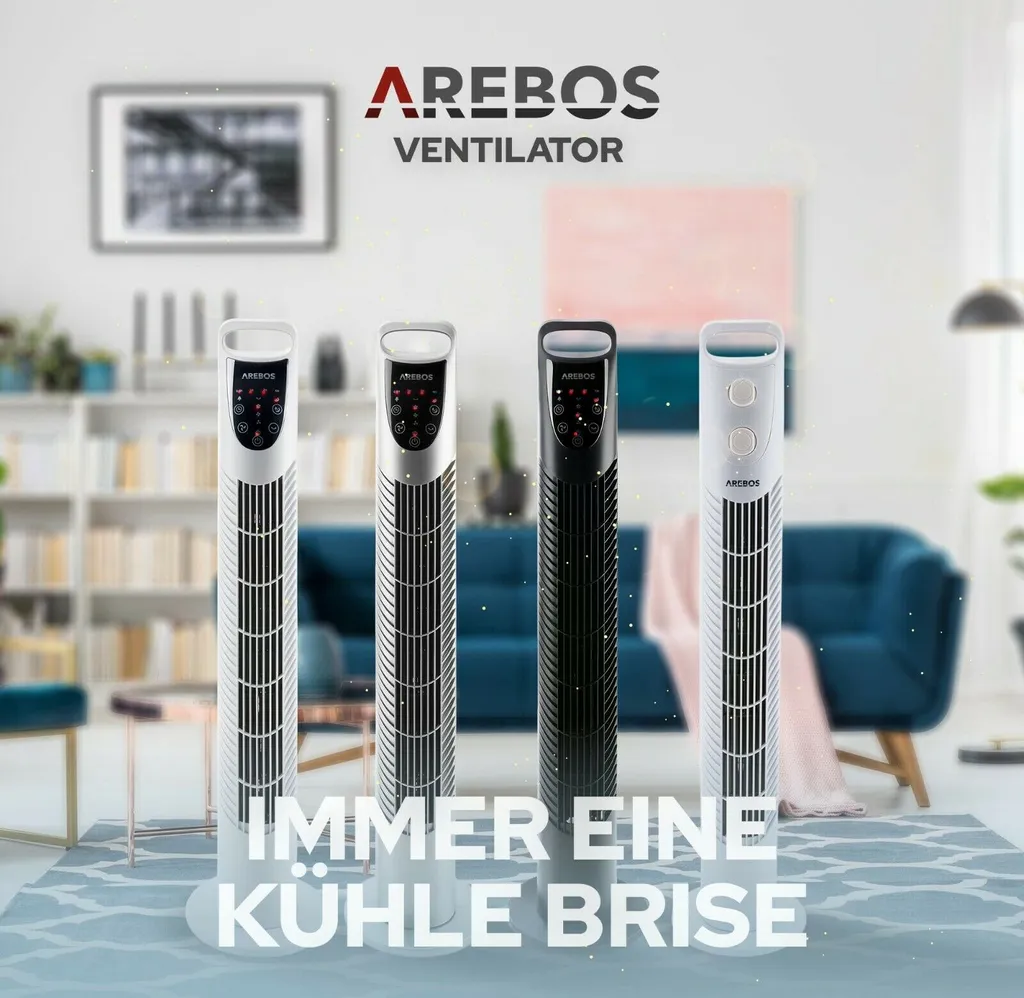 AREBOS Turmventilator Mit Timer, 40 Watt, 75°-Oszillation, Ventilator Mit 3 Geschwindigkeitsstufen, , Weiß – Bild 9