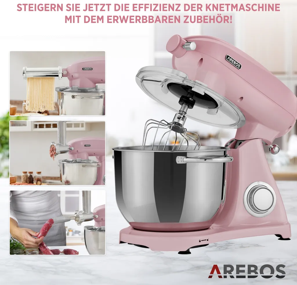 AREBOS Retro Küchenmaschine 1800W, Knetmaschine Mit 6L Edelstahl-Rührschüssel, Geräuscharm, 6 Geschwindigkeiten, Rosa – Bild 8