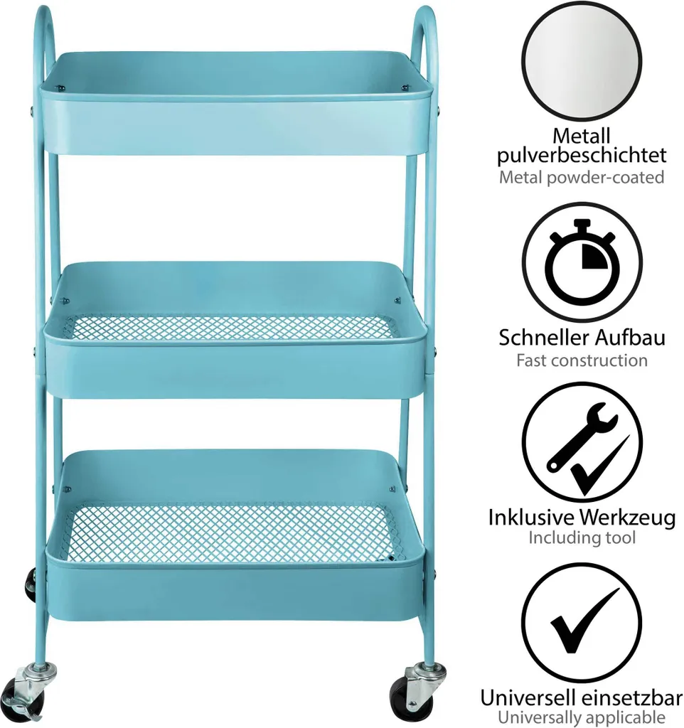 ONVAYA® Servierwagen Silvio | Beistellwagen | Blau | 30,5 X 45 X 77 Cm | 3 Fächer | Multifunktionswagen | Transportwagen | Allzweckwagen | Küchentrolley | Nischenregal – Bild 3