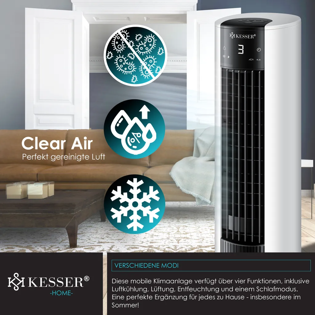 KESSER® 4in1 Mobile Klimaanlage Tower Klimagerät Ventilator/Luftkühler/Luftbefeuchter/Ionisator, Mit Fernbedienung , Timer , Wassertank, 60W, Klima , 2 Kühlakkus Turmventilator, Farbe:Weiß / Schwarz – Bild 6