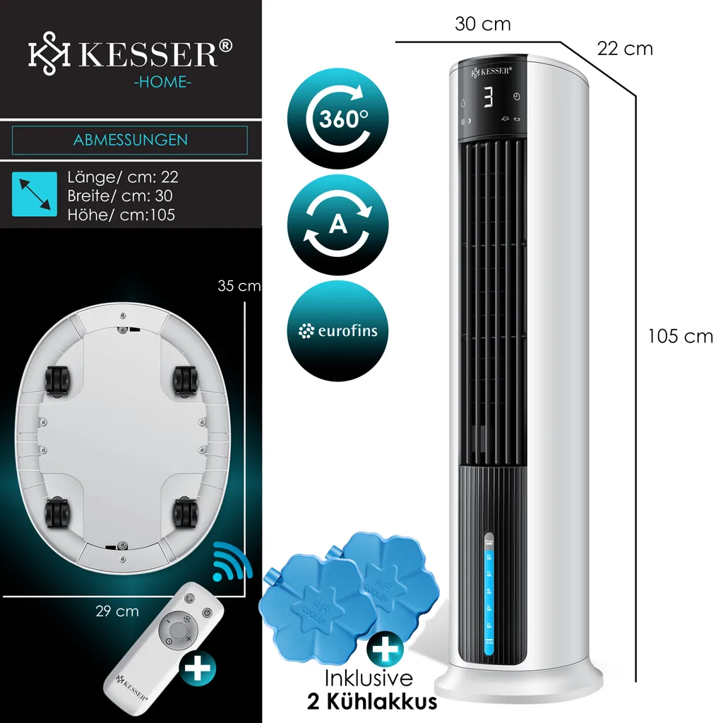 KESSER® 4in1 Mobile Klimaanlage Tower Klimagerät Ventilator/Luftkühler/Luftbefeuchter/Ionisator, Mit Fernbedienung , Timer , Wassertank, 60W, Klima , 2 Kühlakkus Turmventilator, Farbe:Weiß / Schwarz – Bild 8