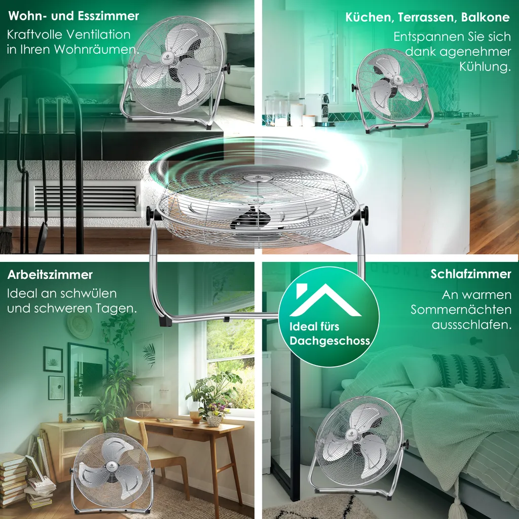 KESSER® Windmaschine Retro Stil | Ventilator In Chrom | Standventilator | Tischventilator Bodenventilator | 3-Stufen | Robuster Stand | Stufenlos Neigbarer Ventilatorkopf | Chrom Silber, Größe:Ø 30cm – Bild 12