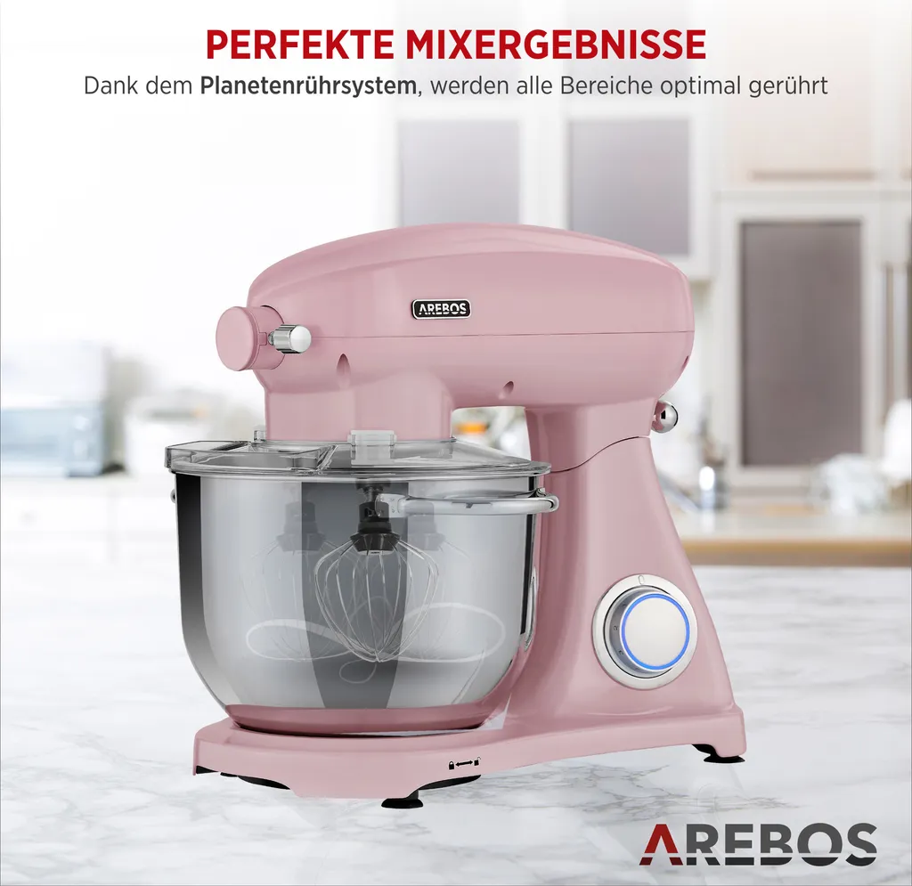 AREBOS Retro Küchenmaschine 1800W, Knetmaschine Mit 6L Edelstahl-Rührschüssel, Geräuscharm, 6 Geschwindigkeiten, Rosa – Bild 6