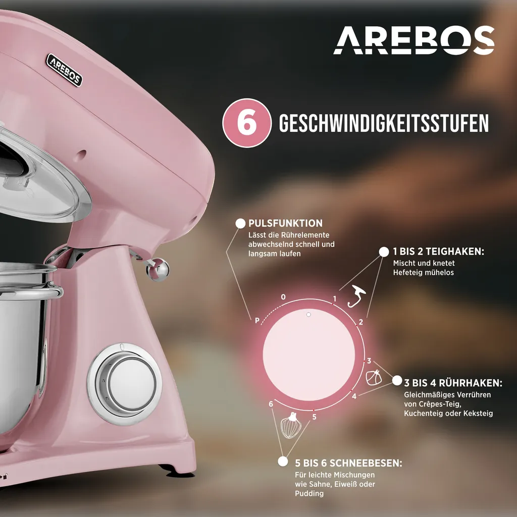 AREBOS Retro Küchenmaschine 1800W, Knetmaschine Mit 6L Edelstahl-Rührschüssel, Geräuscharm, 6 Geschwindigkeiten, Rosa – Bild 3