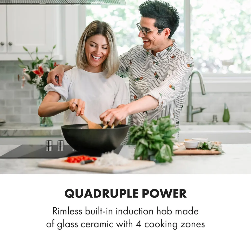 Klarstein Kochheld 4 Zonen Induktionskochfeld , Einbau-Kochfeld , 60cm , 6000 Watt , Autark , 4 Dreh-Regler , Rahmenlos , 120 Cm Kabellänge , 5-poliger-Anschluss , 9 Stufen , Abschalt-Automatik , Glas , Schwarz – Bild 2