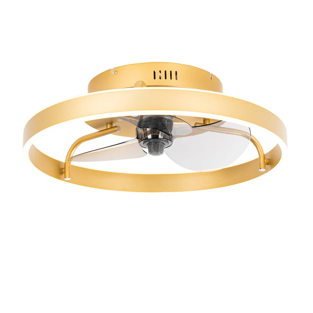 QAZQA - Modern Deckenventilator Mit Beleuchtung Messing Inkl. LED Mit Fernbedienung - Maddy Dimmer I Dimmbar I Wohnzimmer I Schlafzimmer - Stahl Rund - I (nicht Austauschbare) LED