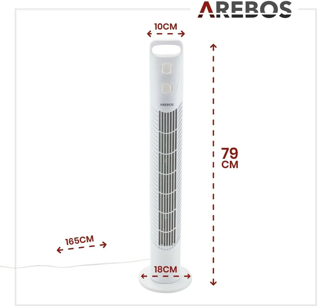 AREBOS Turmventilator Mit Timer, 40 Watt, 75°-Oszillation, Ventilator Mit 3 Geschwindigkeitsstufen, , Weiß – Bild 8