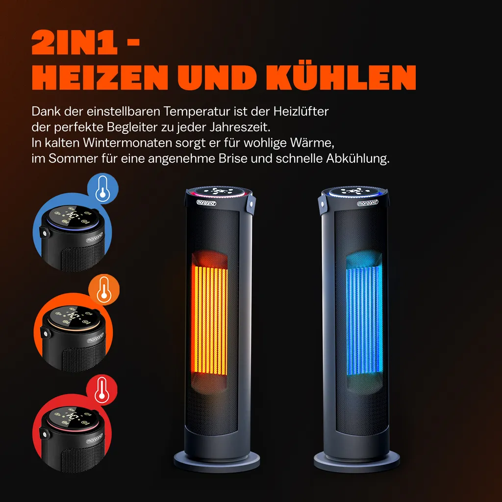 Monzana Keramik Heizlüfter 2000W 4 Betriebsmodi 15-35°C Energiesparend 70° Oszillation Timer Leise Fernbedienung Elektroheizung Heizstrahler, Farbe:schwarz – Bild 3
