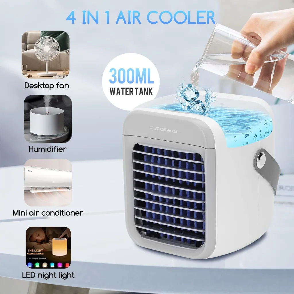 Aigostar Ice Cube - Luftkühler, Luftkühler Mini Klimaanlage Mit 300 ML Wassertank, Mini Klimagerät Mit 3 Stufen & 7 Stimmungslichtern- Mobiles Klimagerät Für Schlafzimmer, Baby, Büro,im Freien – Bild 2